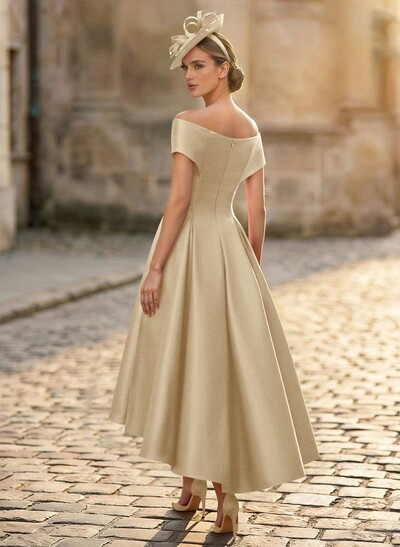 A-Line Off-The-Shoulder Sleeveless Tea-Length Satin Mother Of The Bride Dresses