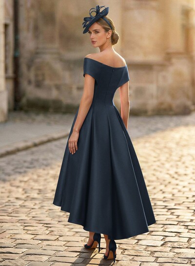 A-Line Off-The-Shoulder Sleeveless Tea-Length Satin Mother Of The Bride Dresses