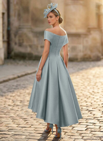 A-Line Off-The-Shoulder Sleeveless Tea-Length Satin Mother Of The Bride Dresses