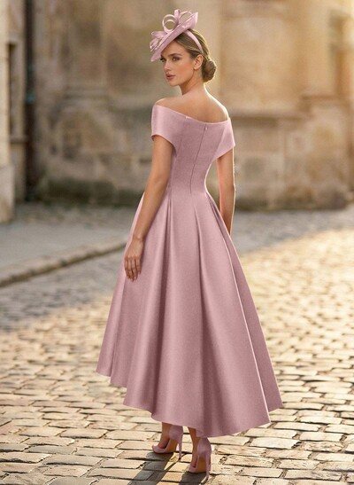 A-Line Off-The-Shoulder Sleeveless Tea-Length Satin Mother Of The Bride Dresses