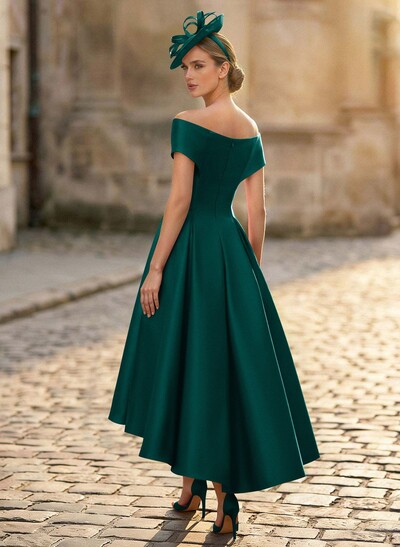 A-Line Off-The-Shoulder Sleeveless Tea-Length Satin Mother Of The Bride Dresses