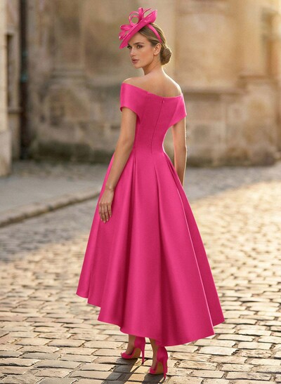 A-Line Off-The-Shoulder Sleeveless Tea-Length Satin Mother Of The Bride Dresses