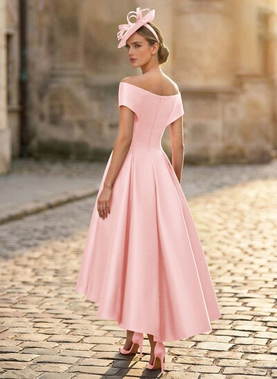 A-Line Off-The-Shoulder Sleeveless Tea-Length Satin Mother Of The Bride Dresses