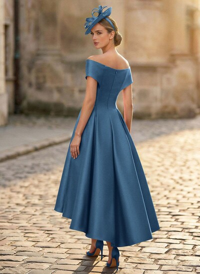 A-Line Off-The-Shoulder Sleeveless Tea-Length Satin Mother Of The Bride Dresses