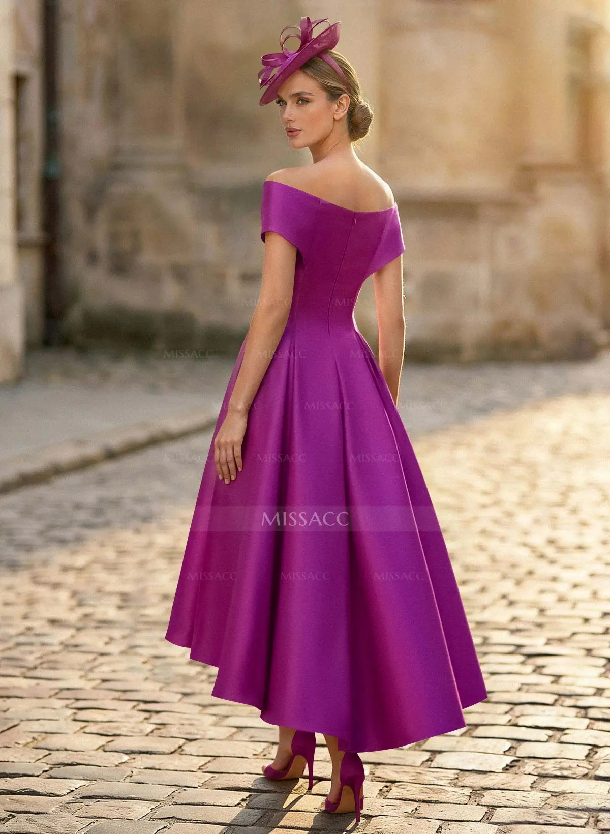 A-Line Off-The-Shoulder Sleeveless Tea-Length Satin Mother Of The Bride  Dresses