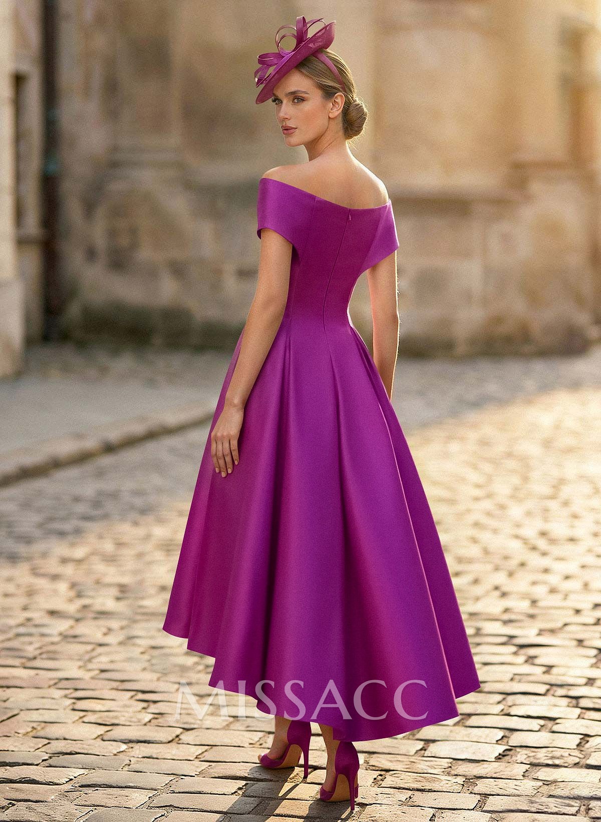 A-Line Off-The-Shoulder Sleeveless Tea-Length Satin Mother Of The Bride Dresses