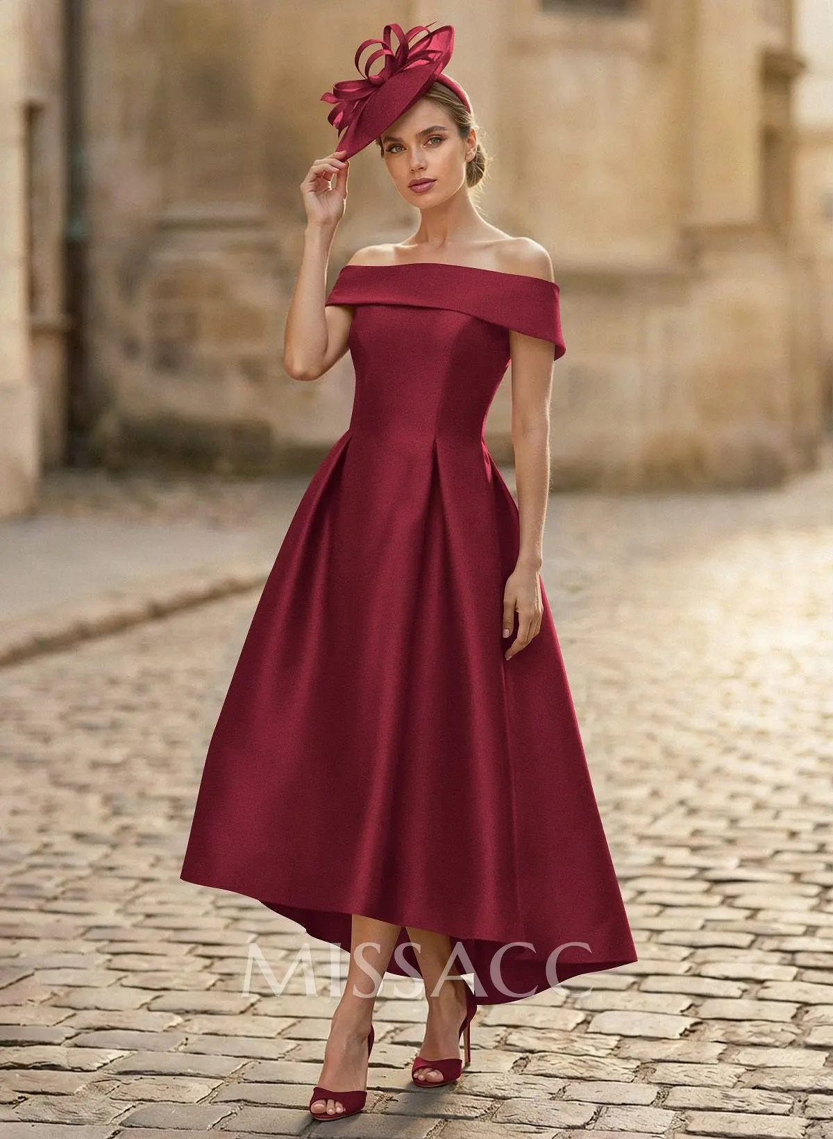 a line tea length bridesmaid dresses Missacc Vintage Mauve Mother Of The Bride Dresses A-Line Off-The-Shoulder Sleeveless Tea-Length Satin Mother Of The Bride Dresses