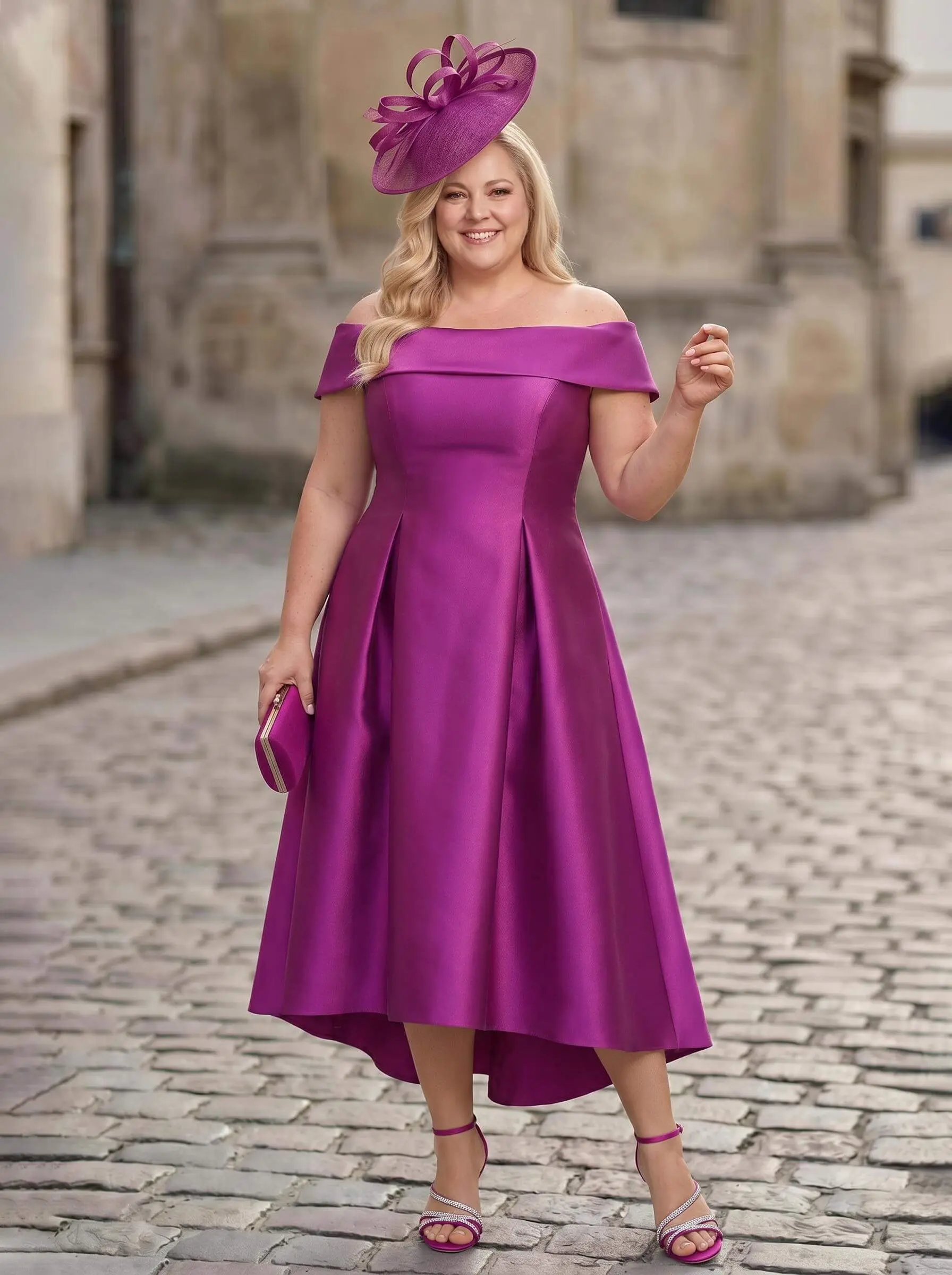 A-Line Off-The-Shoulder Sleeveless Tea-Length Satin Mother Of The