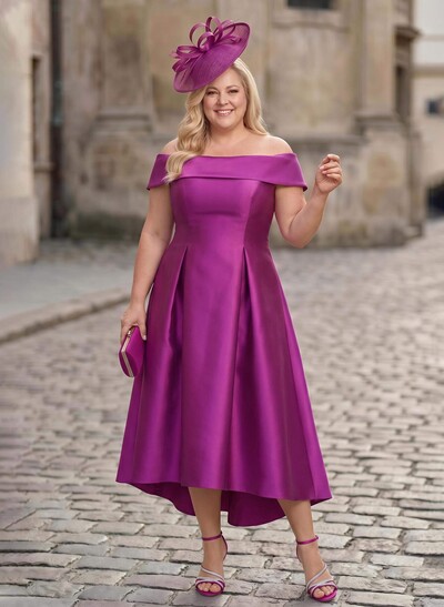 A-Line Off-The-Shoulder Sleeveless Tea-Length Satin Mother Of The Bride Dresses