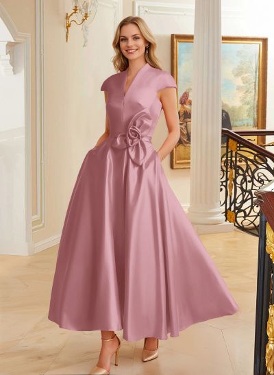 Ball-Gown V-Neck Short Sleeves Satin Bridesmaid Dresses With Flower(s)