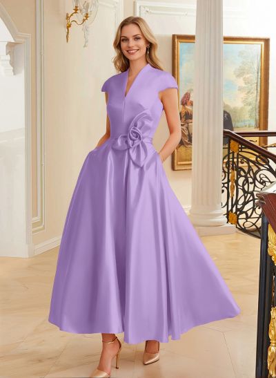 Ball-Gown V-Neck Short Sleeves Satin Bridesmaid Dresses With Flower(s)