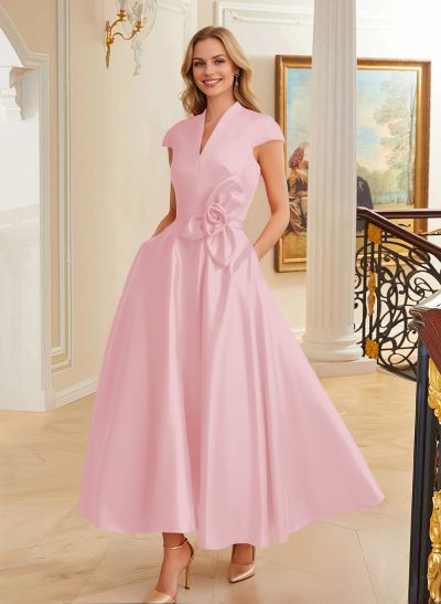 Ball-Gown V-Neck Short Sleeves Satin Bridesmaid Dresses With Flower(s)