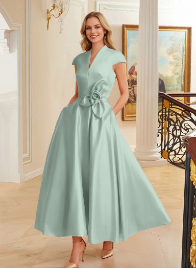 Ball-Gown V-Neck Short Sleeves Satin Bridesmaid Dresses With Flower(s)