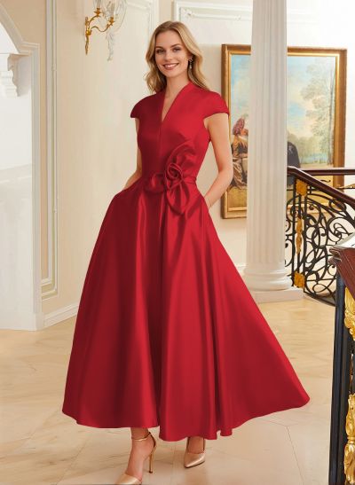 Ball-Gown V-Neck Short Sleeves Satin Mother Of The Bride Dresses With Flower(s)