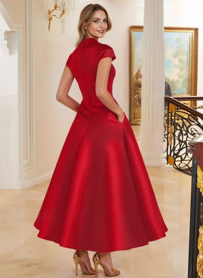 Ball-Gown V-Neck Short Sleeves Satin Mother Of The Bride Dresses With Flower(s)