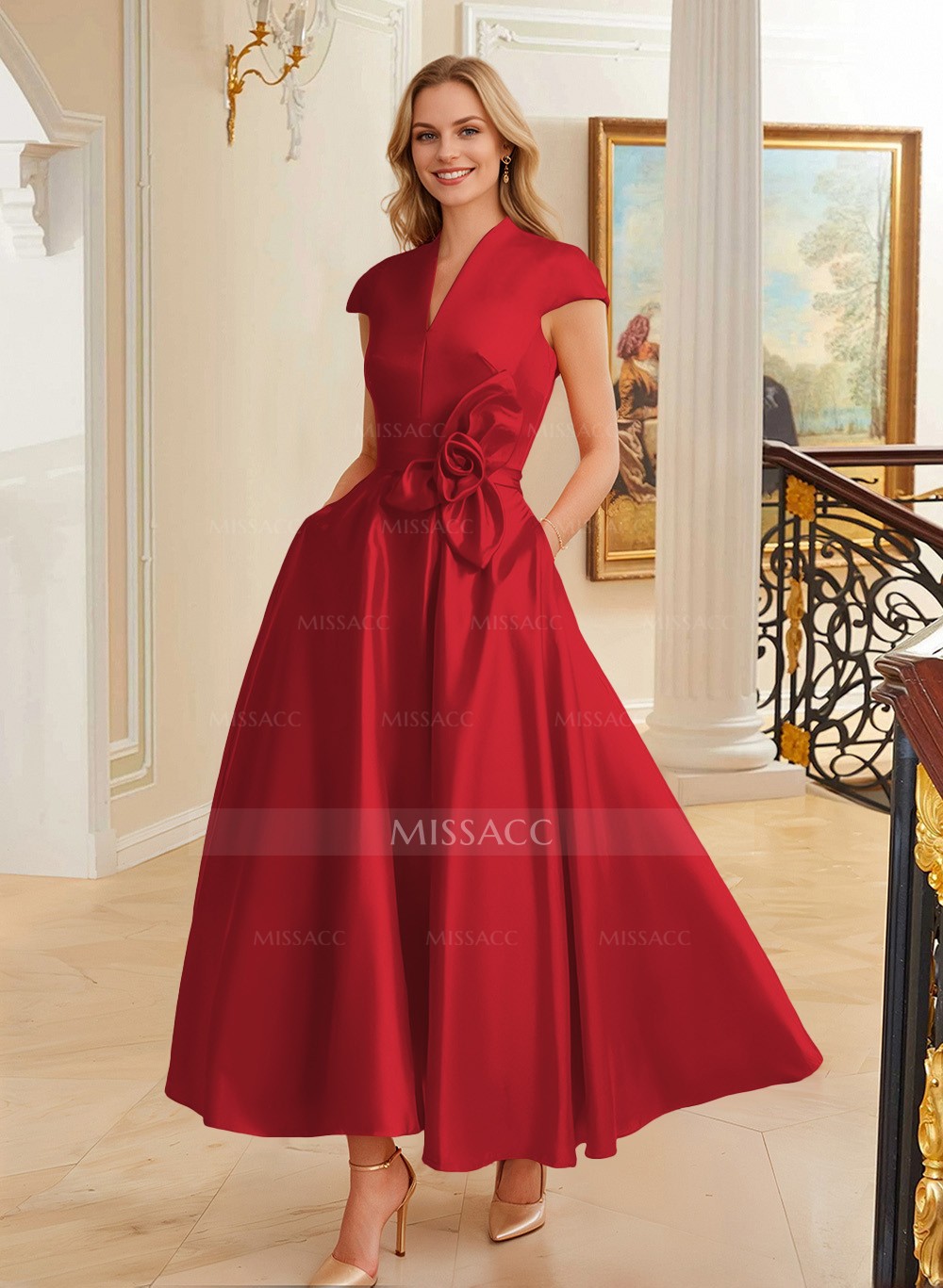 Classic V-Neck Short Sleeves Satin Mother Of The Bride Dresses With 3D Floral