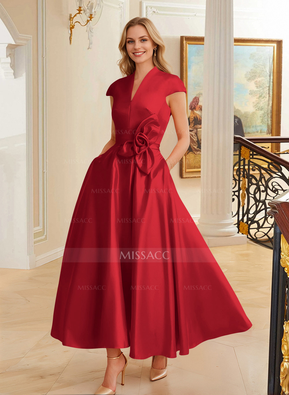 Classic V-Neck Short Sleeves Satin Mother Of The Bride Dresses With 3D Floral