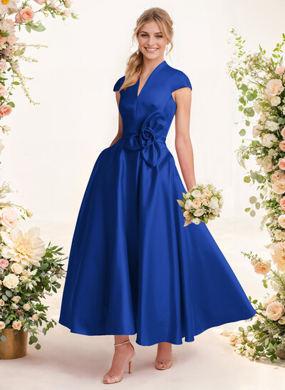 Classic V-Neck Short Sleeves Satin Mother Of The Bride Dresses With 3D Floral