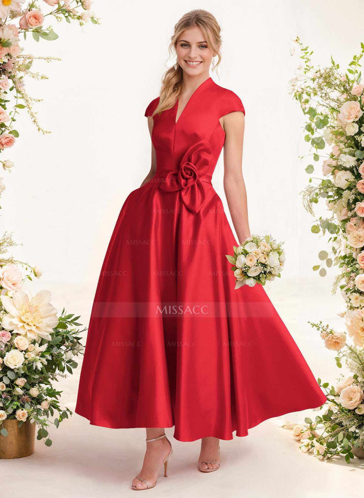 Classic V-Neck Short Sleeves Satin Mother Of The Bride Dresses With 3D Floral