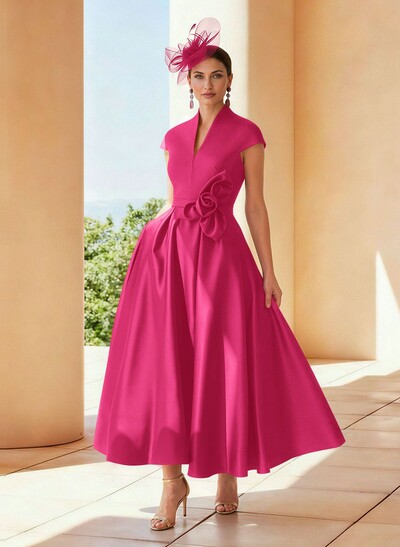 Classic V-Neck Short Sleeves Satin Mother Of The Bride Dresses With 3D Floral