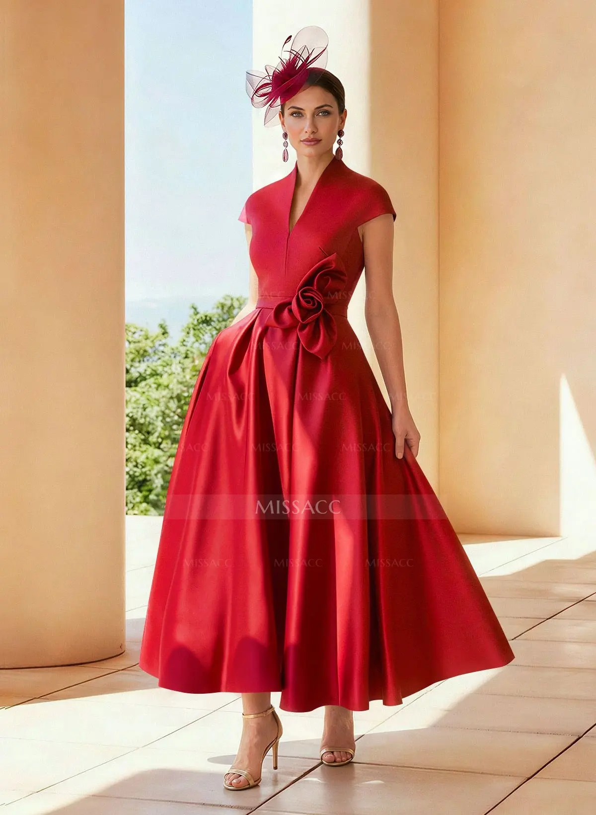 Missacc Mist Mother of The Bride Dresses Classic V-Neck Short Sleeves Satin Mother of The Bride Dresses with 3D Floral