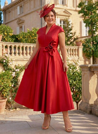 Classic V-Neck Short Sleeves Satin Mother Of The Bride Dresses With 3D Floral