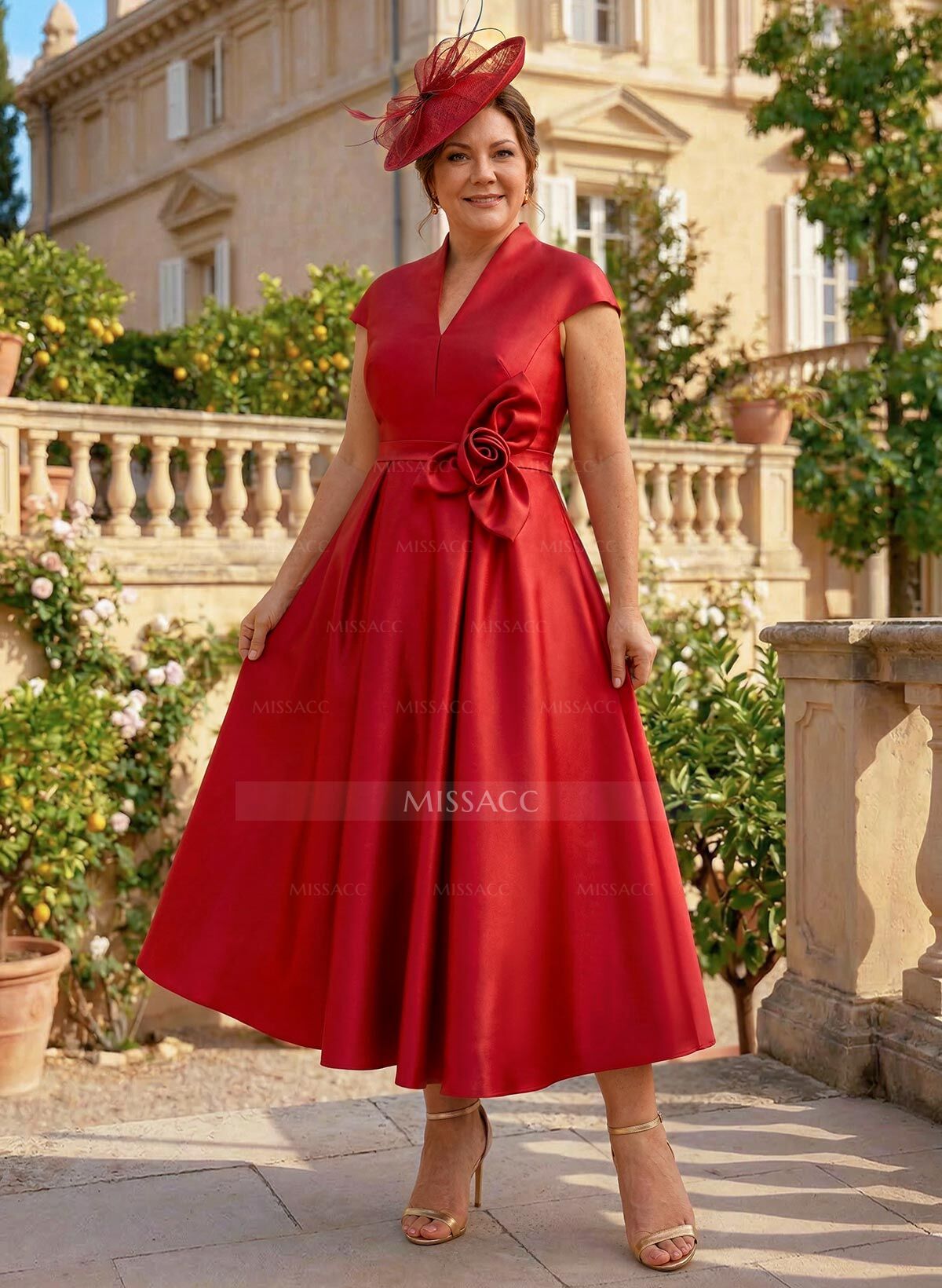 Classic V-Neck Short Sleeves Satin Mother Of The Bride Dresses With 3D Floral