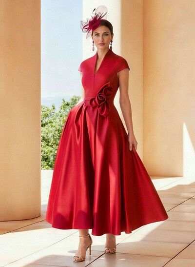 Classic V-Neck Short Sleeves Satin Mother Of The Bride Dresses With 3D Floral