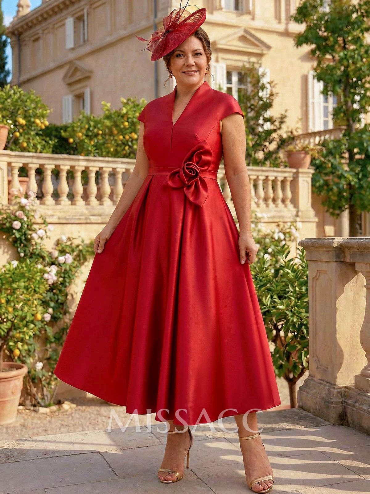 Classic V-Neck Short Sleeves Satin Mother Of The Bride Dresses With 3D Floral Classic V-Neck Short Sleeves Satin Mother Of The Bride Dresses With 3D Floral