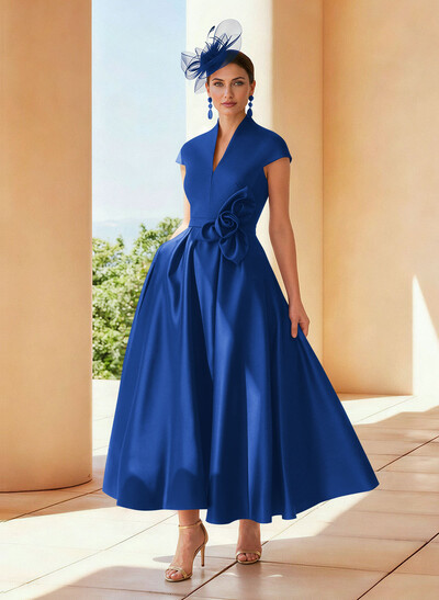 Classic V-Neck Short Sleeves Satin Mother Of The Bride Dresses With 3D Floral