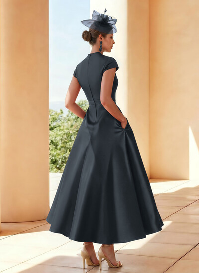 Classic V-Neck Short Sleeves Satin Mother Of The Bride Dresses With 3D Floral