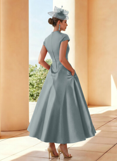 Classic V-Neck Short Sleeves Satin Mother Of The Bride Dresses With 3D Floral