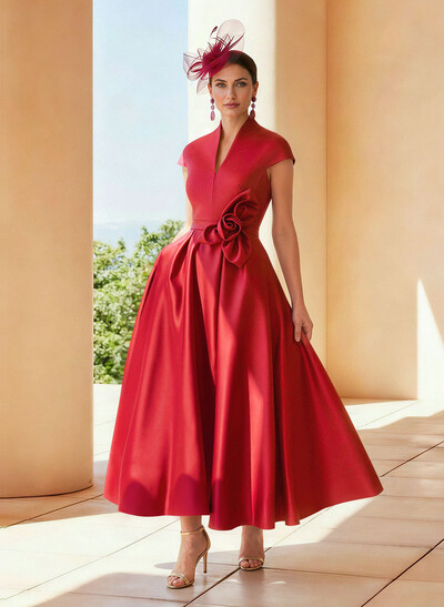 Classic V-Neck Short Sleeves Satin Mother Of The Bride Dresses With 3D Floral