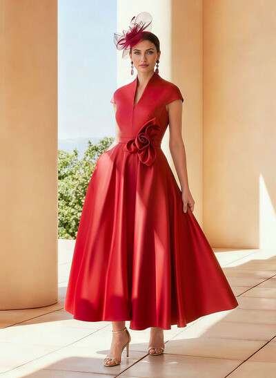 Classic V-Neck Short Sleeves Satin Mother Of The Bride Dresses With 3D Floral