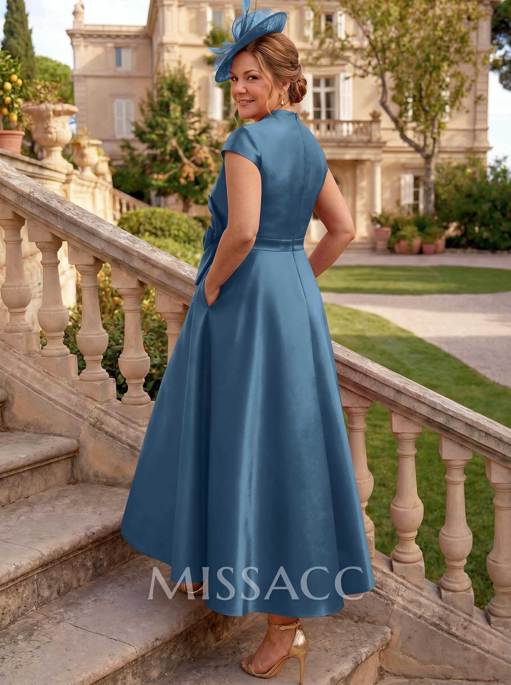 Classic V-Neck Short Sleeves Satin Mother Of The Bride Dresses With 3D Floral