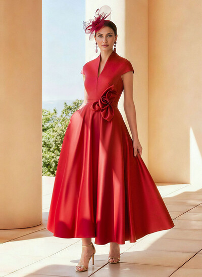 Classic V-Neck Short Sleeves Satin Mother Of The Bride Dresses With 3D Floral