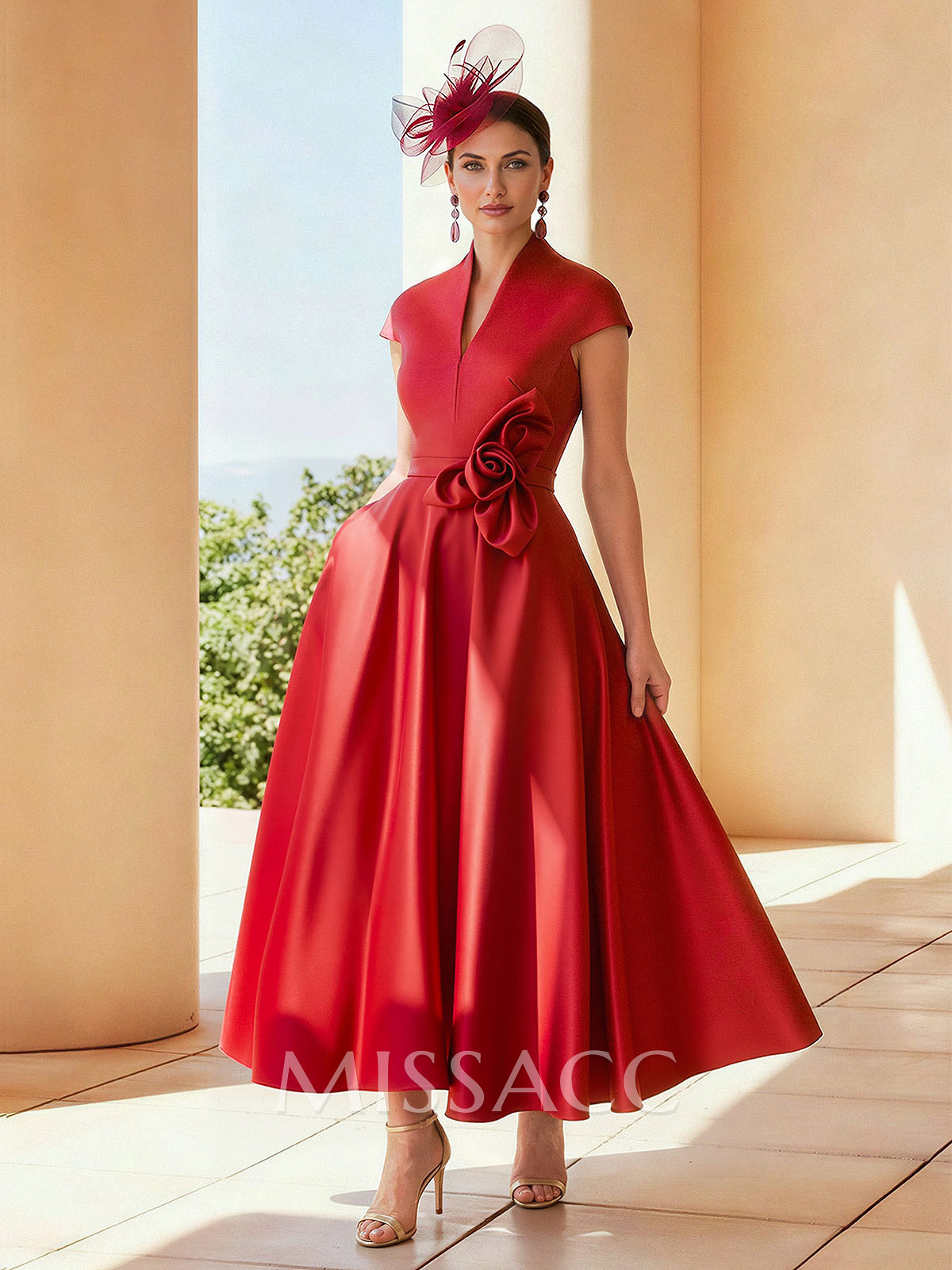 Classic V-Neck Short Sleeves Satin Mother Of The Bride Dresses With 3D Floral Classic V-Neck Short Sleeves Satin Mother Of The Bride Dresses With 3D Floral