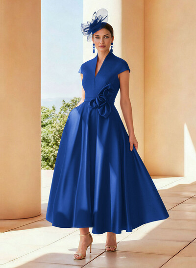 Classic V-Neck Short Sleeves Satin Mother Of The Bride Dresses With 3D Floral