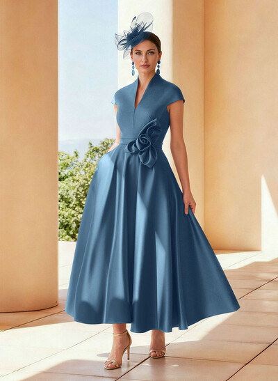 Classic V-Neck Short Sleeves Satin Mother Of The Bride Dresses With 3D Floral