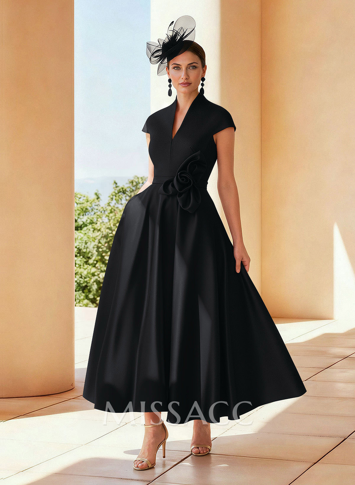 Classic V-Neck Short Sleeves Satin Mother Of The Bride Dresses With 3D Floral Classic V-Neck Short Sleeves Satin Mother Of The Bride Dresses With 3D Floral