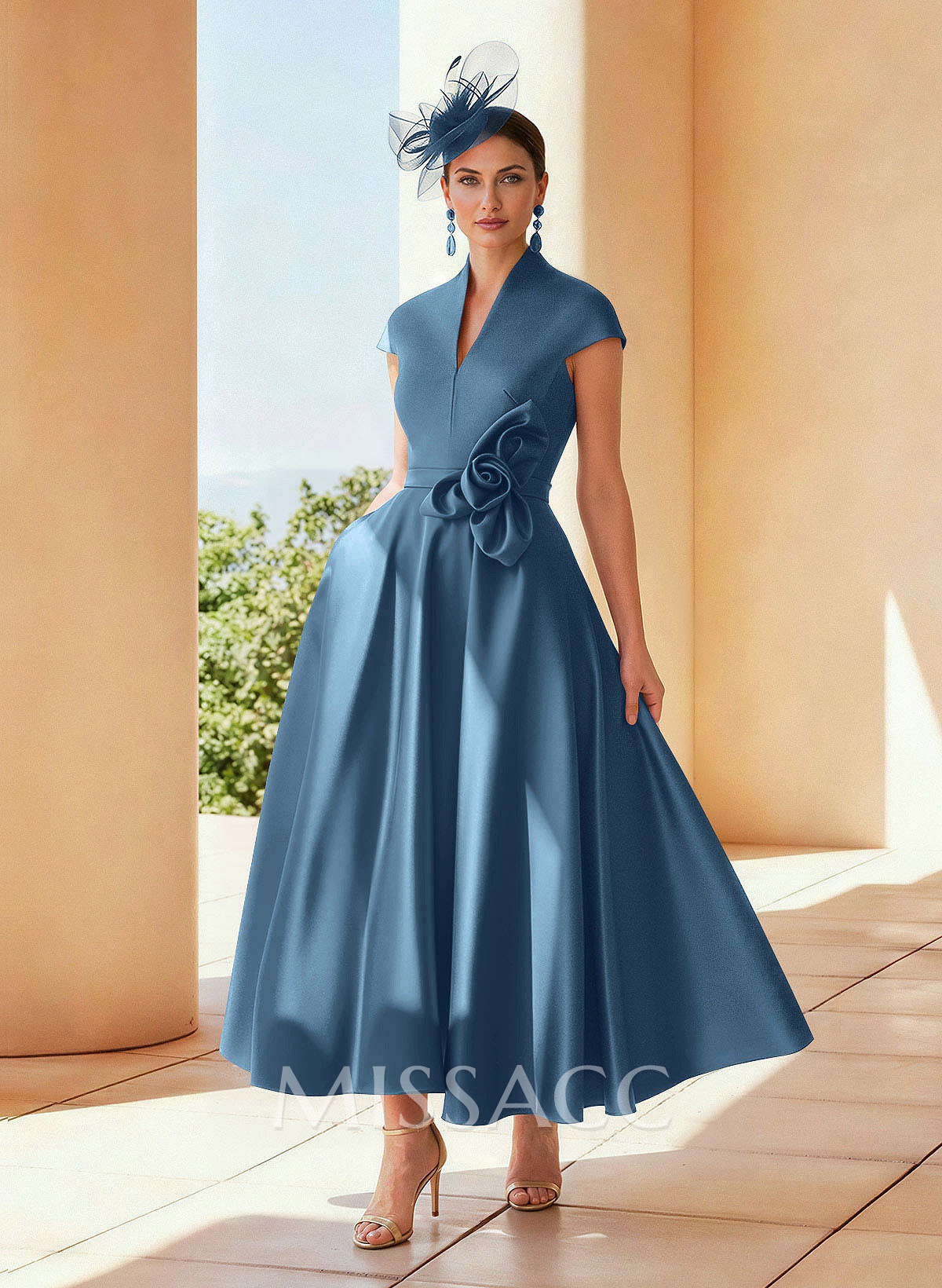 Classic V-Neck Short Sleeves Satin Mother Of The Bride Dresses With 3D Floral