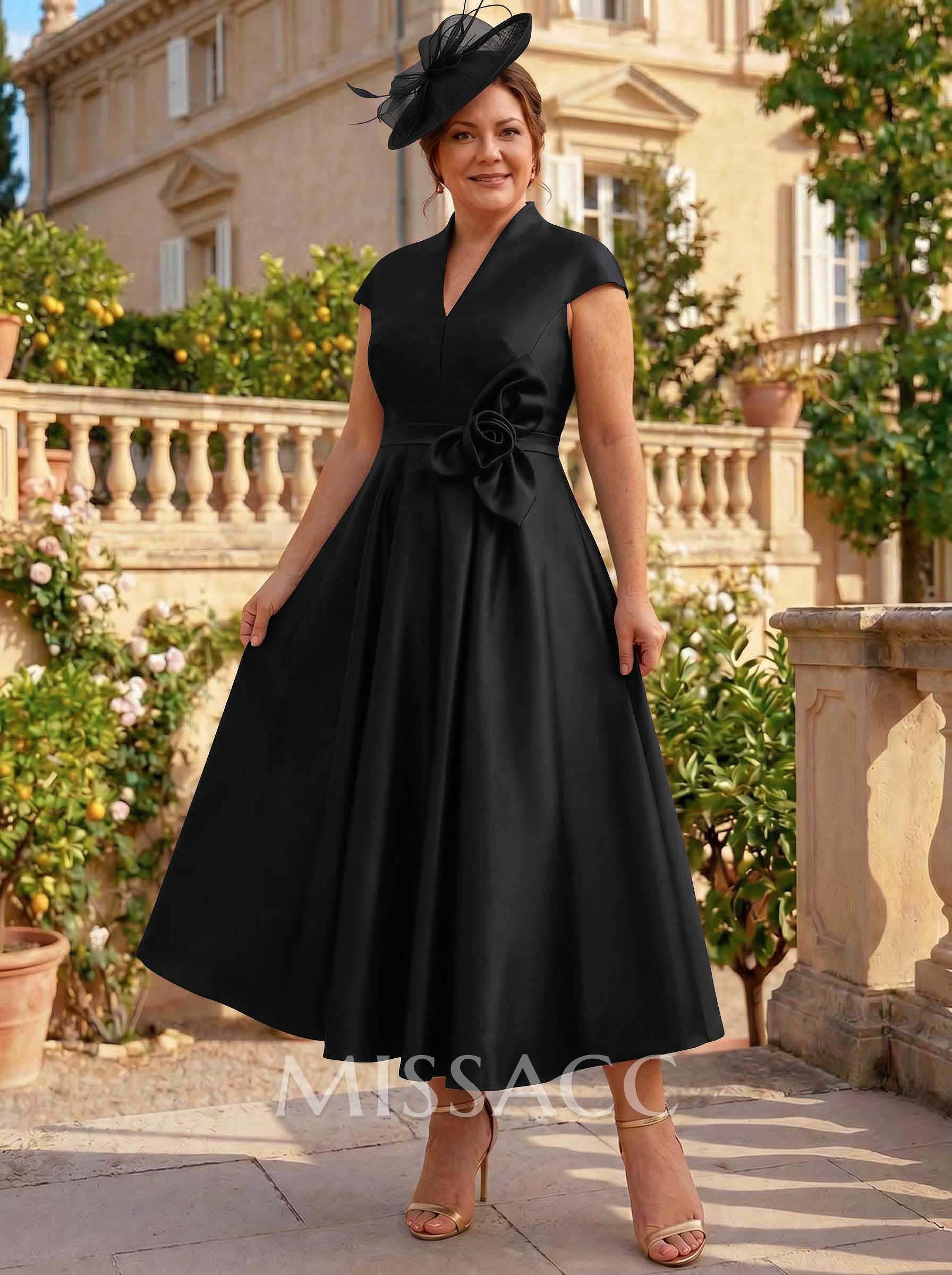 Classic V-Neck Short Sleeves Satin Mother Of The Bride Dresses With 3D Floral Classic V-Neck Short Sleeves Satin Mother Of The Bride Dresses With 3D Floral
