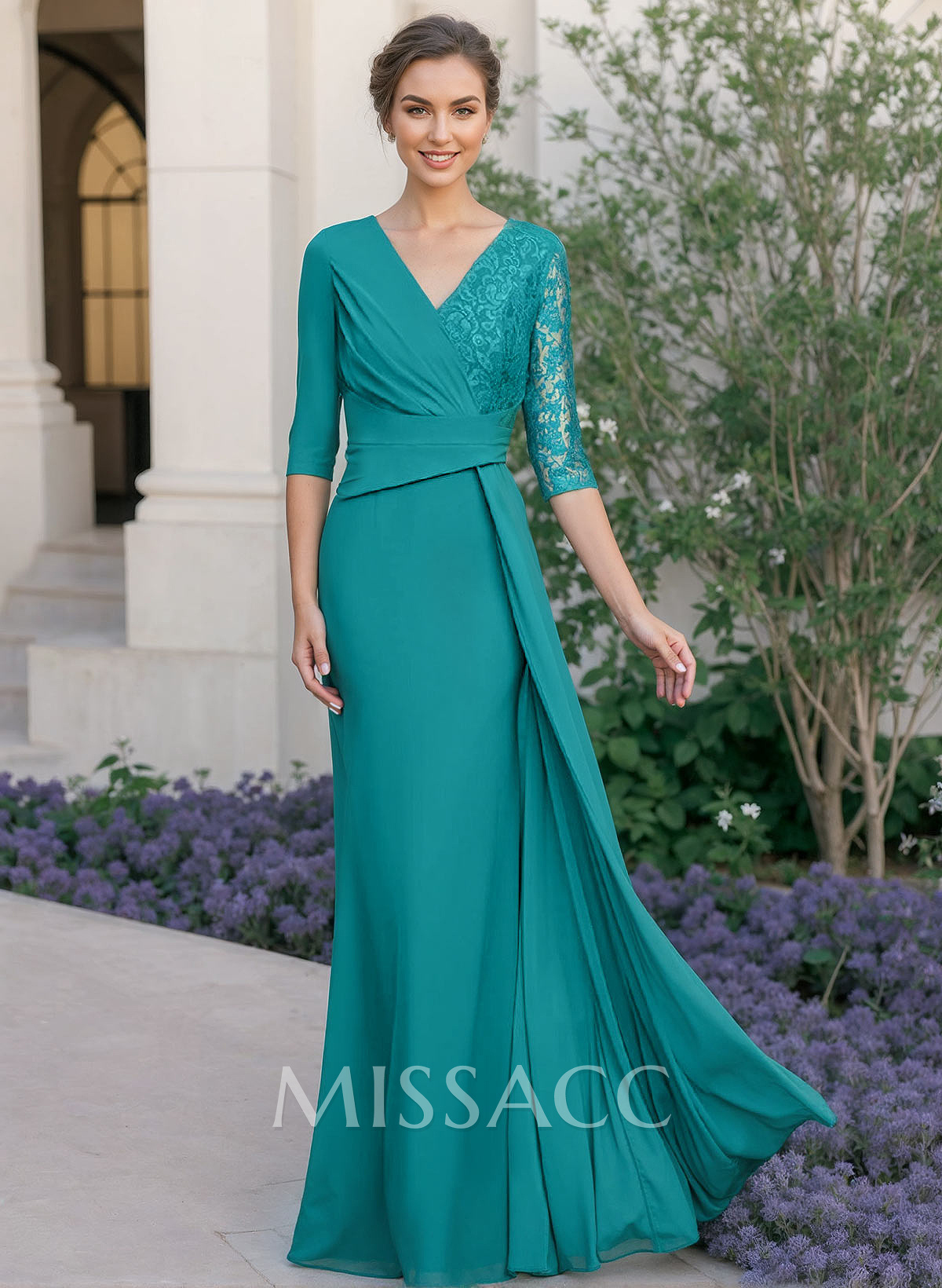Trumpet/Mermaid V-Neck Elastic Satin Mother Of The Bride Dresses With Lace