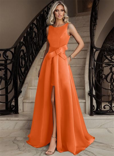 A-Line Scoop Neck Sleeveless Sweep Train Satin Prom Dresses With Split Front/Bow(s)