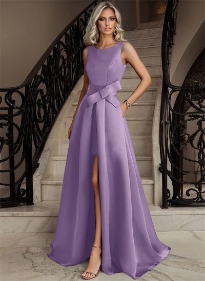 A-Line Scoop Neck Sleeveless Sweep Train Satin Prom Dresses With Split Front/Bow(s)