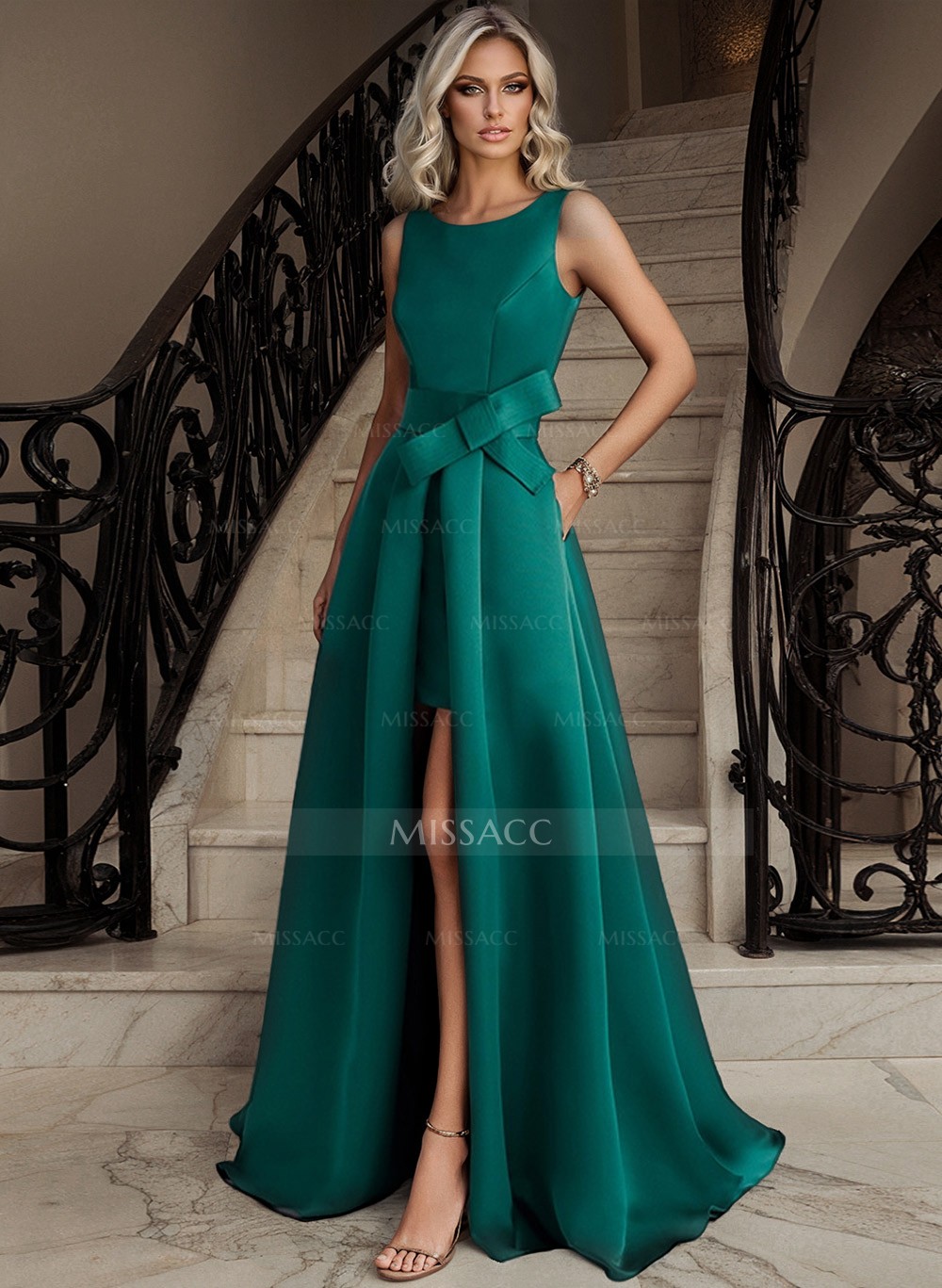 A-Line Scoop Neck Sleeveless Sweep Train Satin Prom Dresses With Split Front/Bow(s)