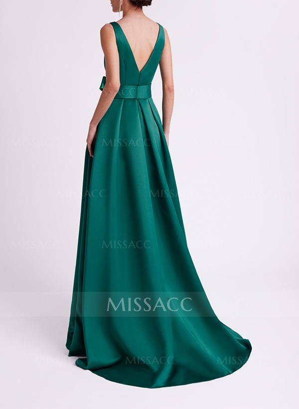 A-Line Scoop Neck Sleeveless Sweep Train Satin Prom Dresses With Split Front/Bow(s)