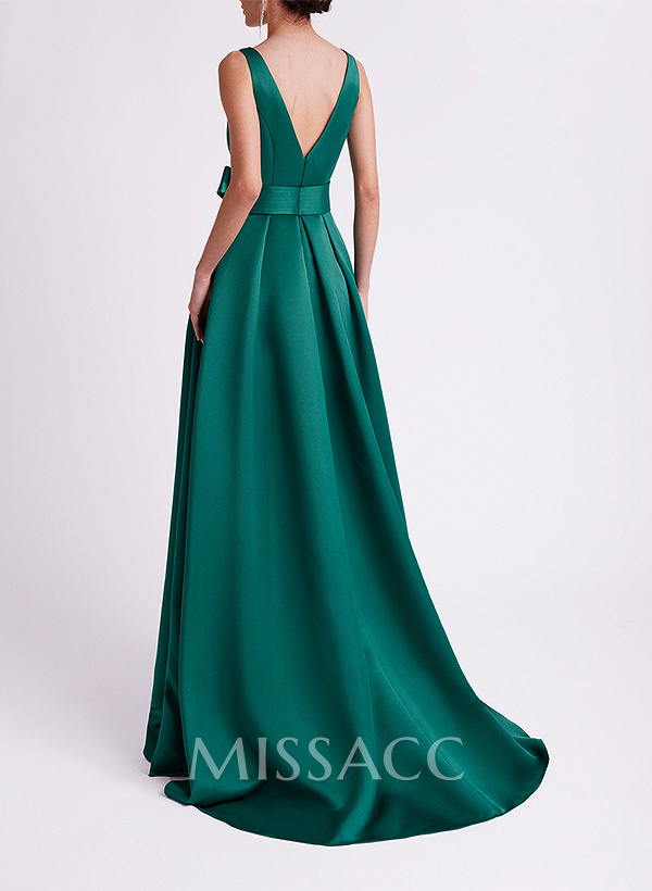 A-Line Scoop Neck Sleeveless Sweep Train Satin Prom Dresses With Split Front/Bow(s) A-Line Scoop Neck Sleeveless Sweep Train Satin Prom Dresses With Split Front/Bow(s)