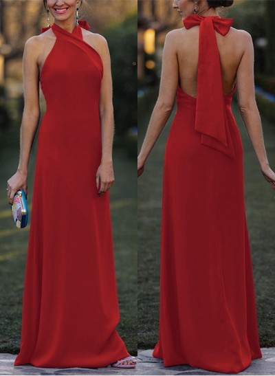 Sheath/Column Halter Sleeveless Floor-Length Elastic Satin Prom Dresses