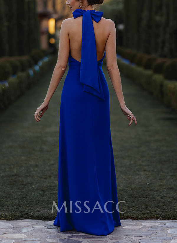 Sheath/Column Halter Sleeveless Floor-Length Elastic Satin Prom Dresses
